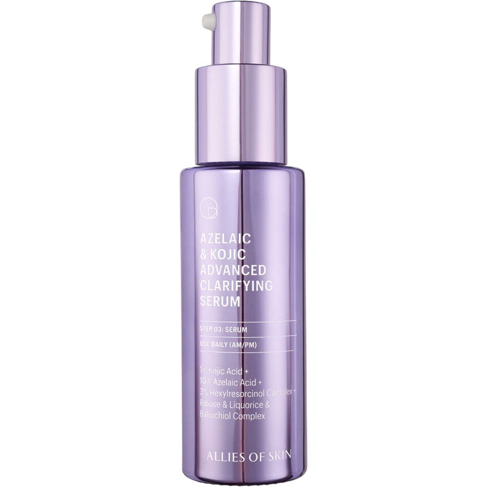 Lila Serumflasche mit Pumpe. Text: Azelaic & Kojic Advanced Clarifying Serum. Marke: Allies of Skin.