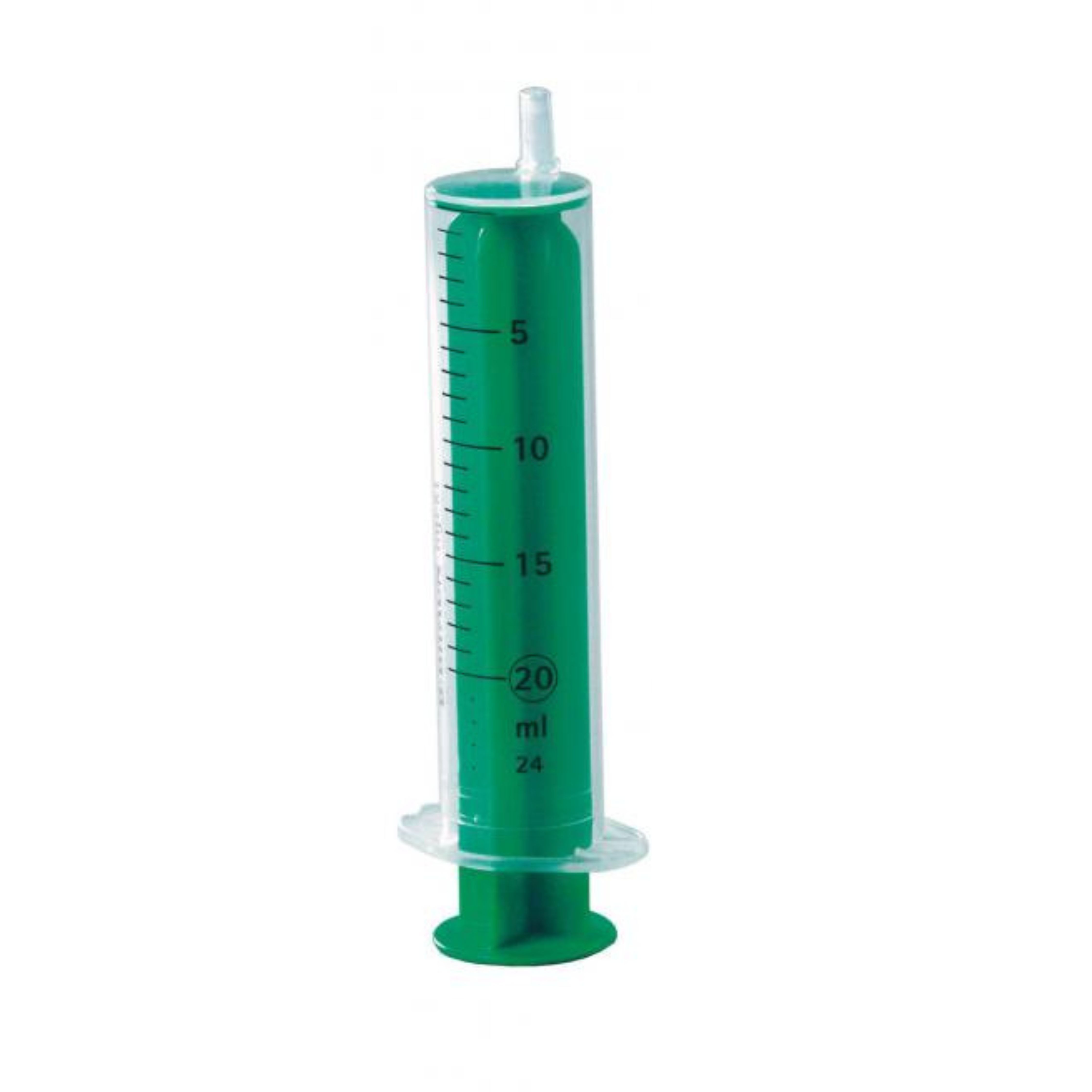 Grüne Einmalspritze mit Skala bis 20 ml. Transparenter Zylinder, grüner Kolben und Flansch. Luer-Anschluss.