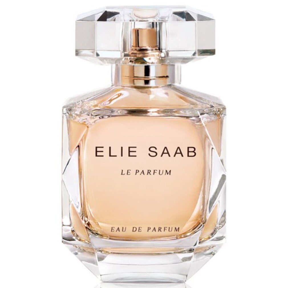 Glasflakon mit goldfarbenem Verschluss. Aufschrift: ELIE SAAB LE PARFUM, Eau de Parfum. Klarer, facettierter Deckel.