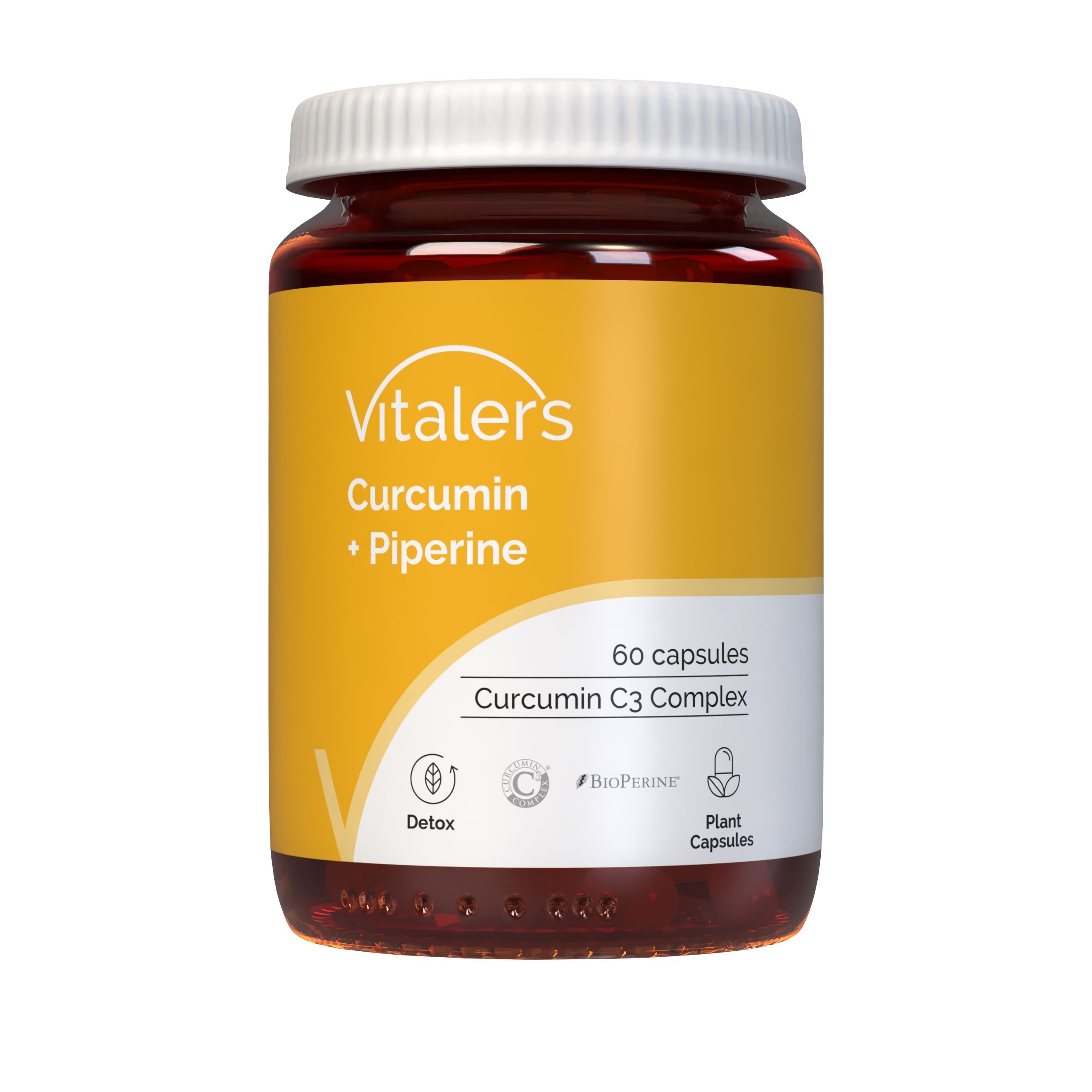 Vitaler's Curcumin + Piperine Kapselbehälter, 60 Stück. Enthält Curcumin C3 Complex.