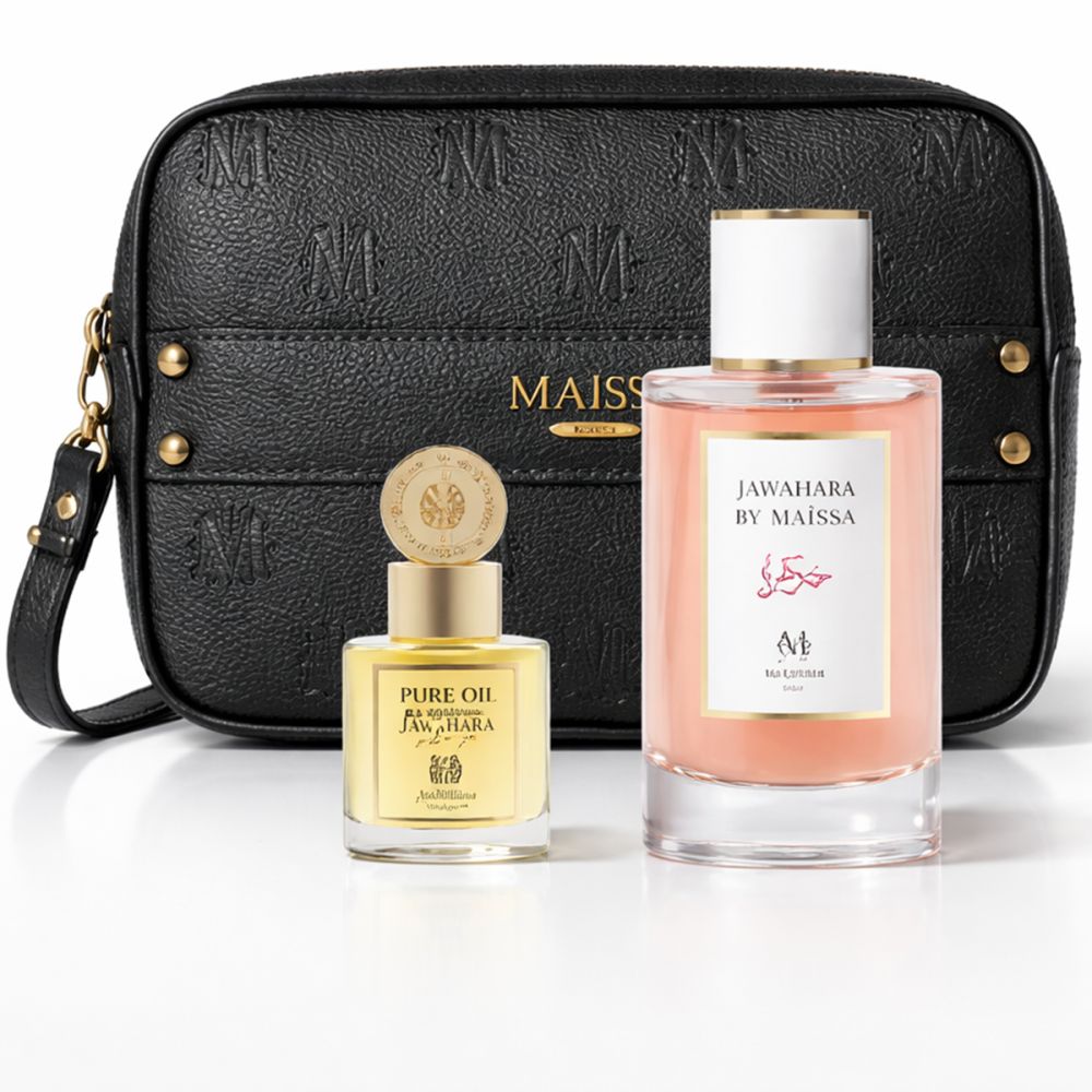 Schwarze Tasche, zwei Parfümflaschen. Aufschrift: JAWAHARA BY MAISSA. Flakon mit Aufschrift: PURE OIL JAWAHARA.