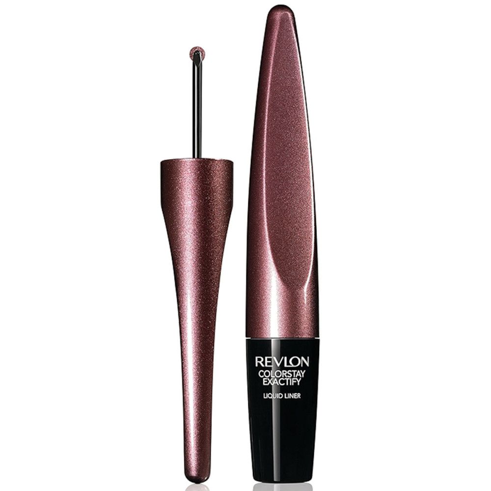 Revlon Colorstay Exactify Eyeliner. Dunkelbraune Flüssigkeit, schwarze Spitze. Aufschrift: Revlon Colorstay Exactify Liquid Liner.