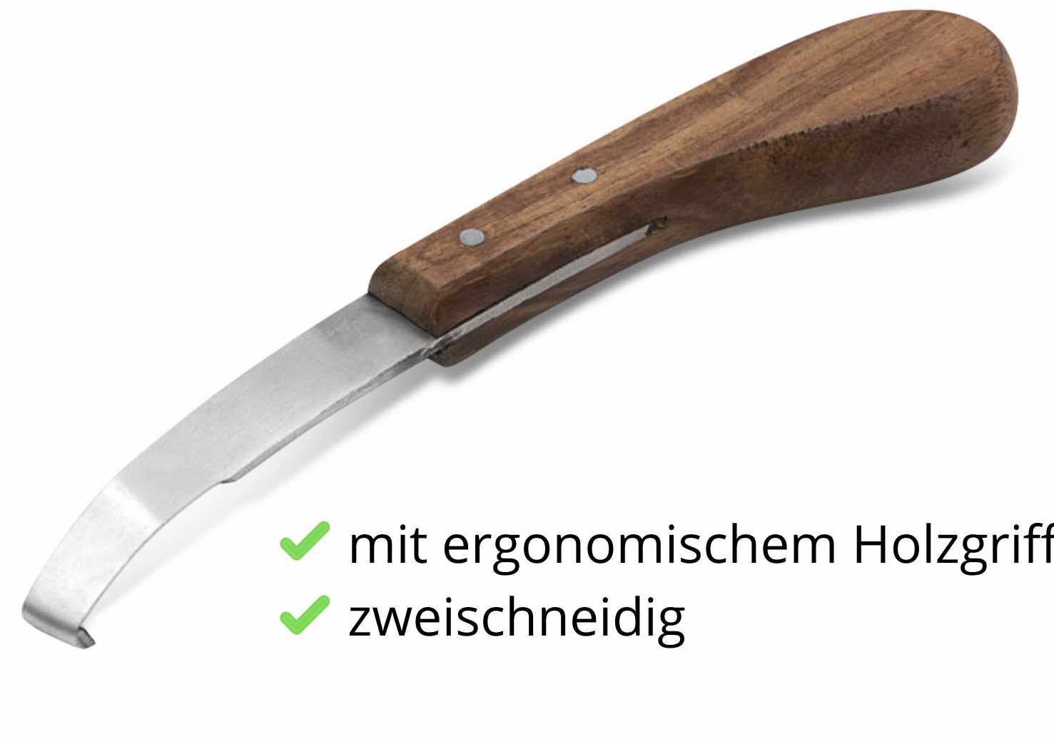 Hufmesser mit Holzgriff und Metallklinge. Text: ergonomischer Holzgriff, beidseitig.