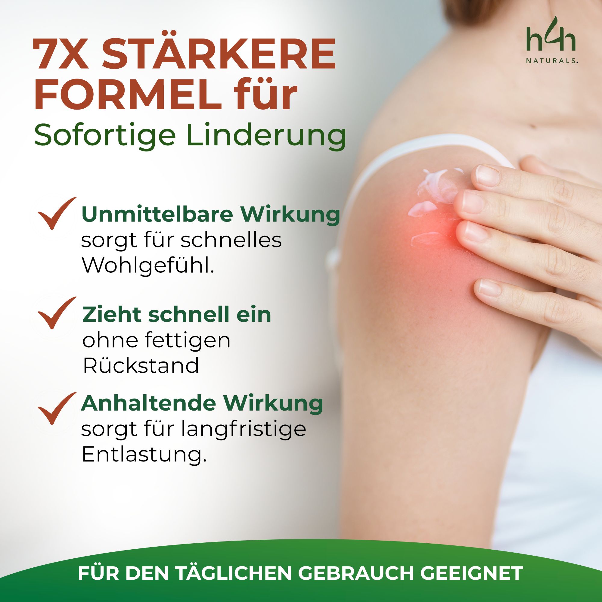 Arm mit Creme. Text: 7x stärkere Formel. Sofortige Linderung. Unmittelbare, anhaltende Wirkung. Für den täglichen Gebrauch.