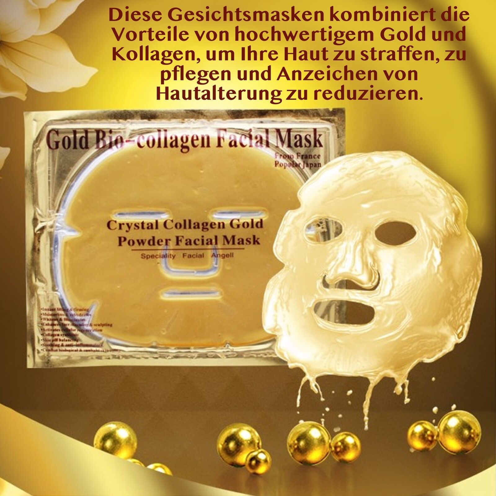 Goldfarbene Gesichtsmaske, rechteckige Verpackung, daneben eine Maske in Gesichtsform. Text: Gold Bio-collagen Facial Mask.