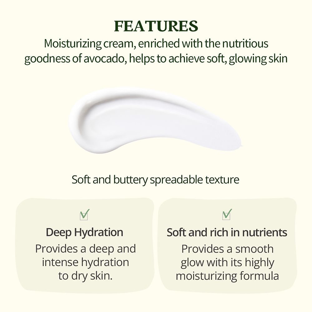 Text mit Überschrift FEATURES. Textabschnitte über feuchtigkeitsspendende Creme mit Avocado. Text über tiefe Hydratation und Nährstoffe.