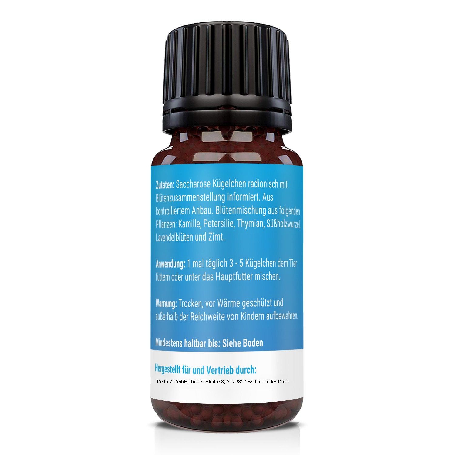 Rückseite einer braunen Glasflasche mit schwarzem Deckel. Blaues Etikett mit Produktinformationen. Text: Anwendung: 1 mal täglich 3-5 Kügelchen.
