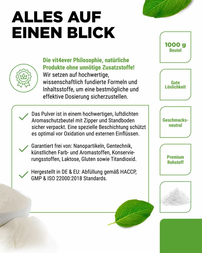 Vit4ever Collagen Pulver Beutel mit Siegel "Hergestellt in DE & EU".
