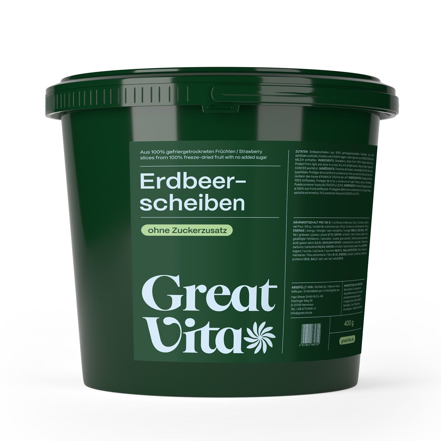 Grüner Eimer GreatVita Erdbeerscheiben. Text: Erdbeerscheiben ohne Zuckerzusatz. Logo GreatVita. 45g.