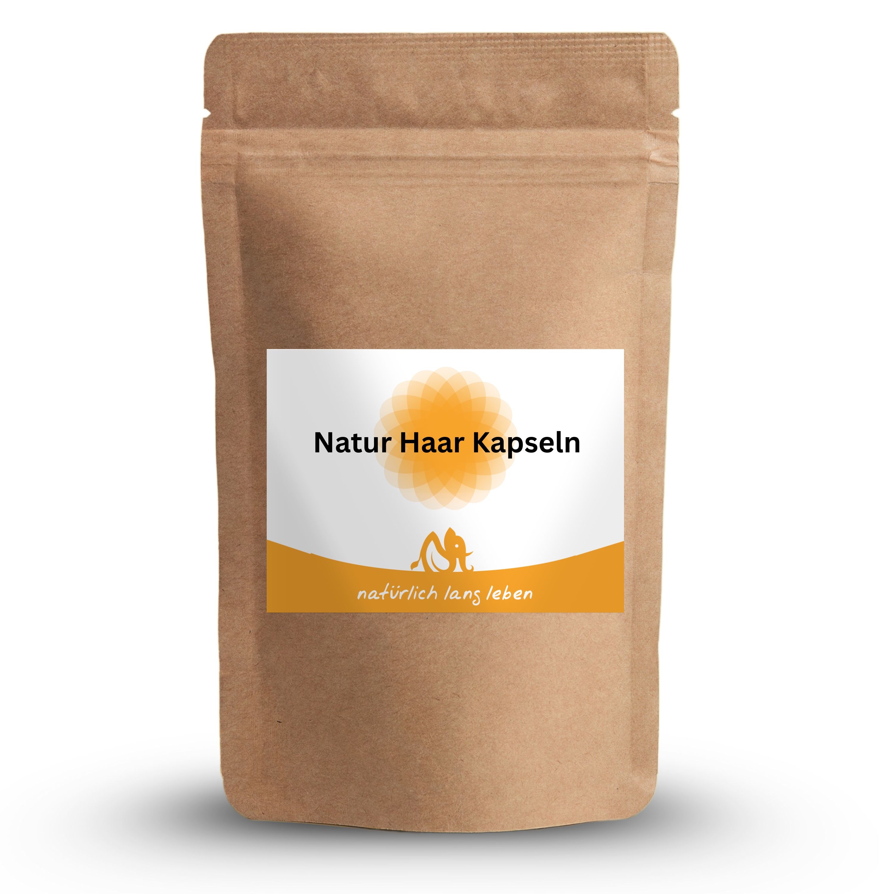 Braune Papierverpackung mit Etikett. Aufschrift: Natur Haar Kapseln. Logo: Sonne und zwei Figuren. Untertitel: natürlich lang leben.