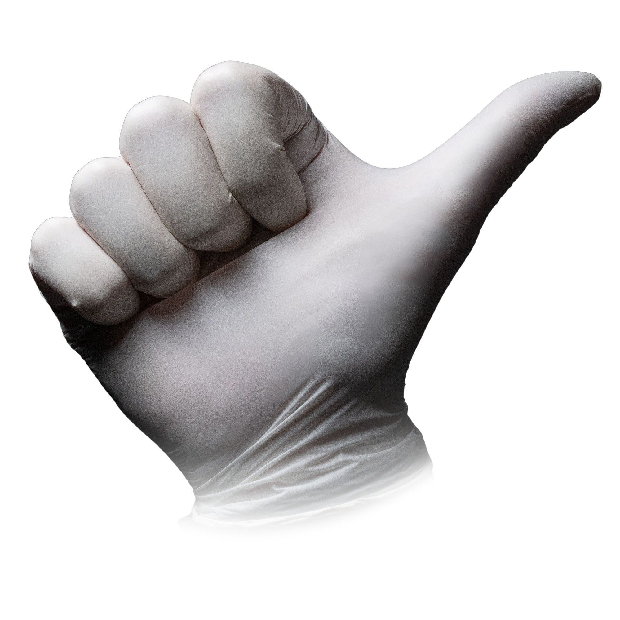 Weiße Nitrilhandschuhe, puderfrei, Daumen hoch Geste.