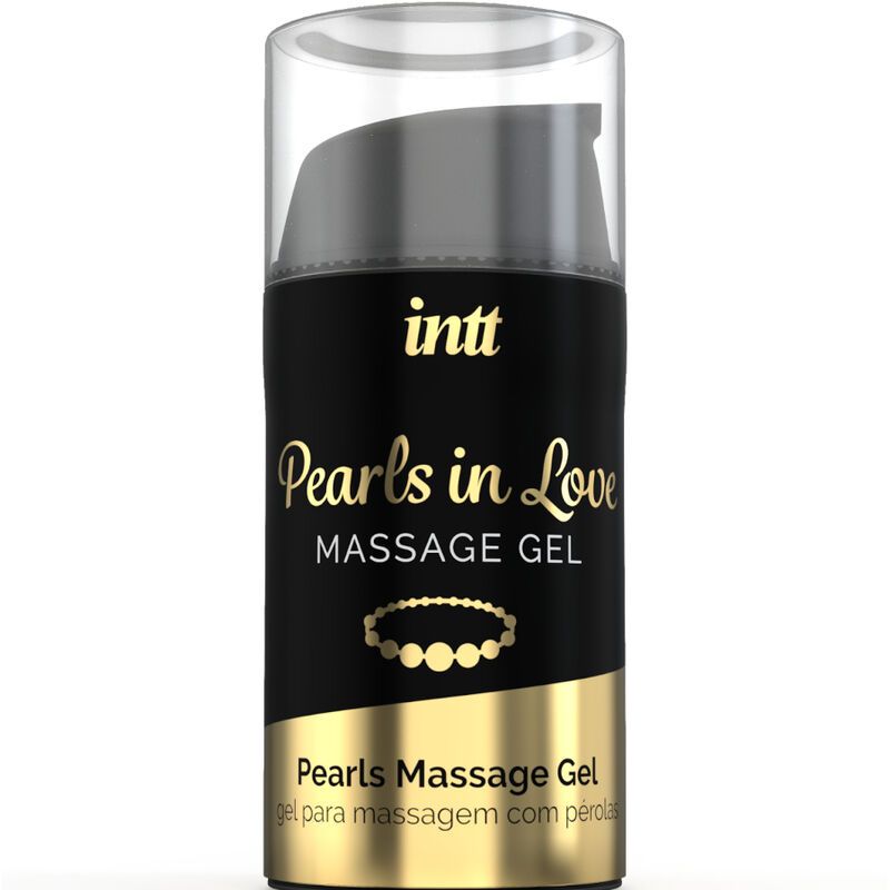 Zylindrische Flasche mit schwarzem Etikett. Aufschrift: intt, Pearls in Love Massage Gel. Transparenter Deckel.