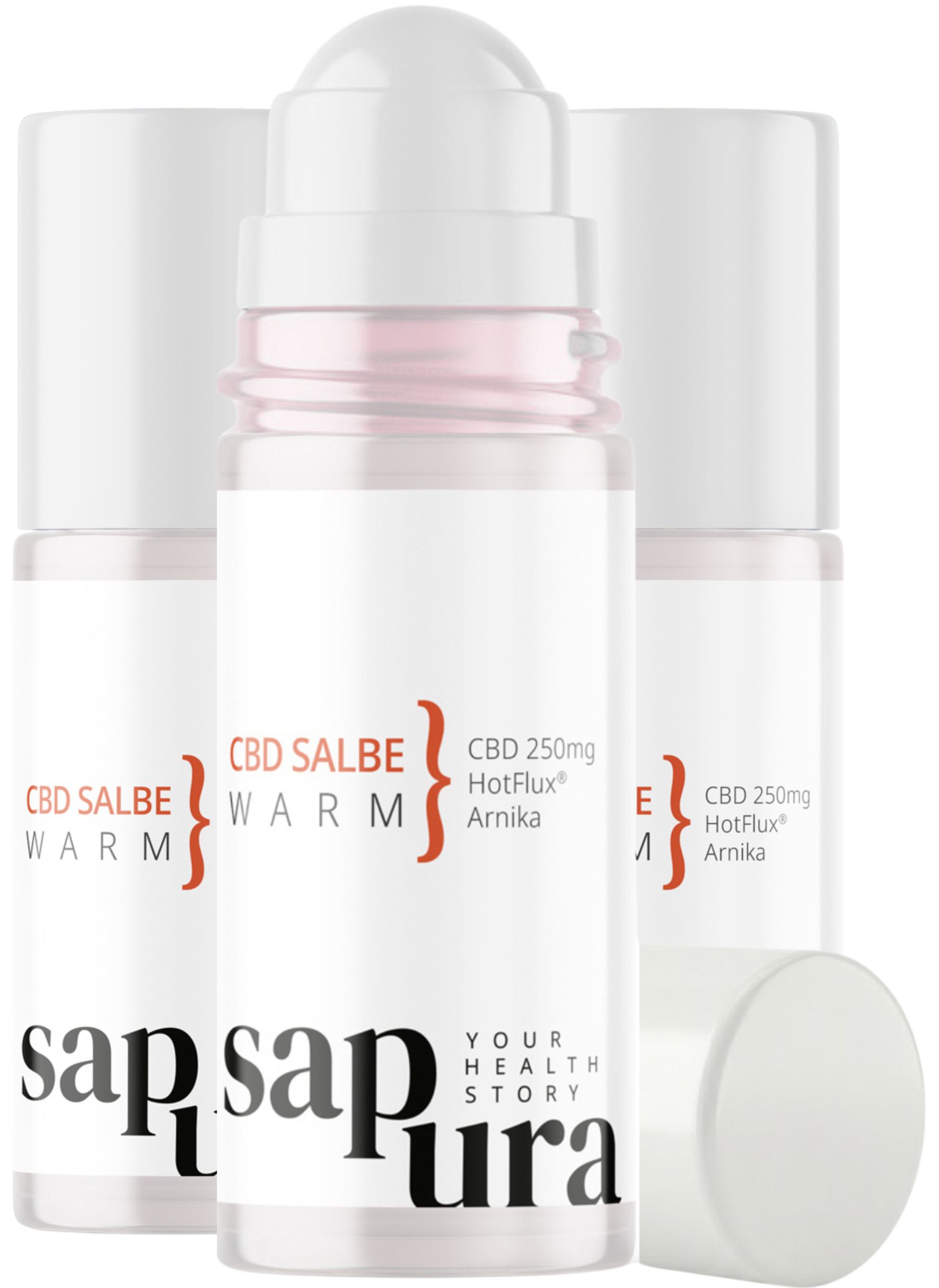 Drei Roll-On-Flaschen. Aufschrift: CBD Salbe Warm. Deckel liegt daneben.