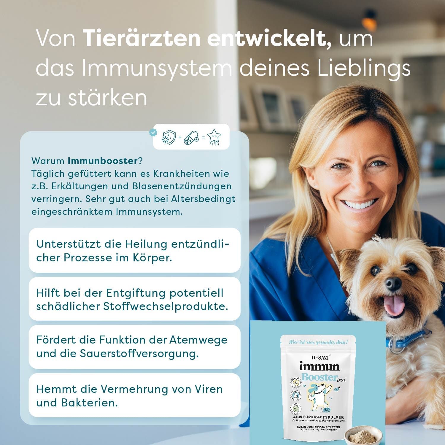 Tierärztin mit Hund. Beutel Dr. SAM ImmunBooster Dog. Text: Entwickelt, um das Immunsystem deines Lieblings zu stärken.