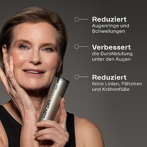 Frau hält Serum 03. Text: Reduziert Augenringe und Schwellungen, verbessert die Durchblutung, reduziert feine Linien.