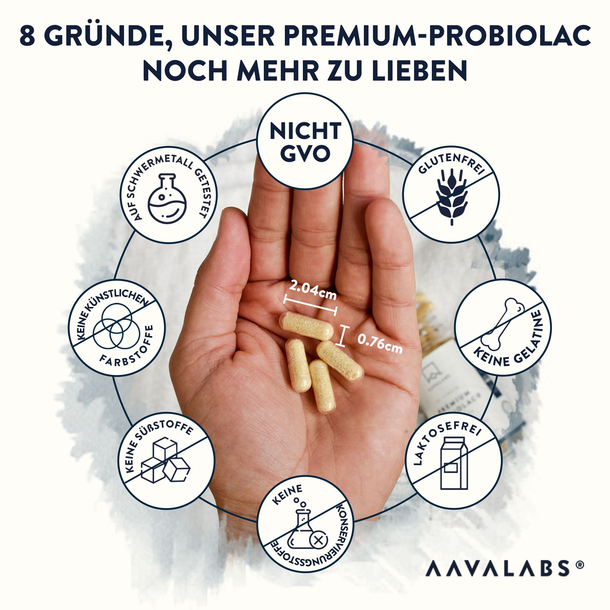 Aavalabs Probiolac Kapseln: Größe 2,04cm x 0,76cm. Frei von Laktose, Gluten, Gelatine, Farbstoffen, künstlichen Stoffen.