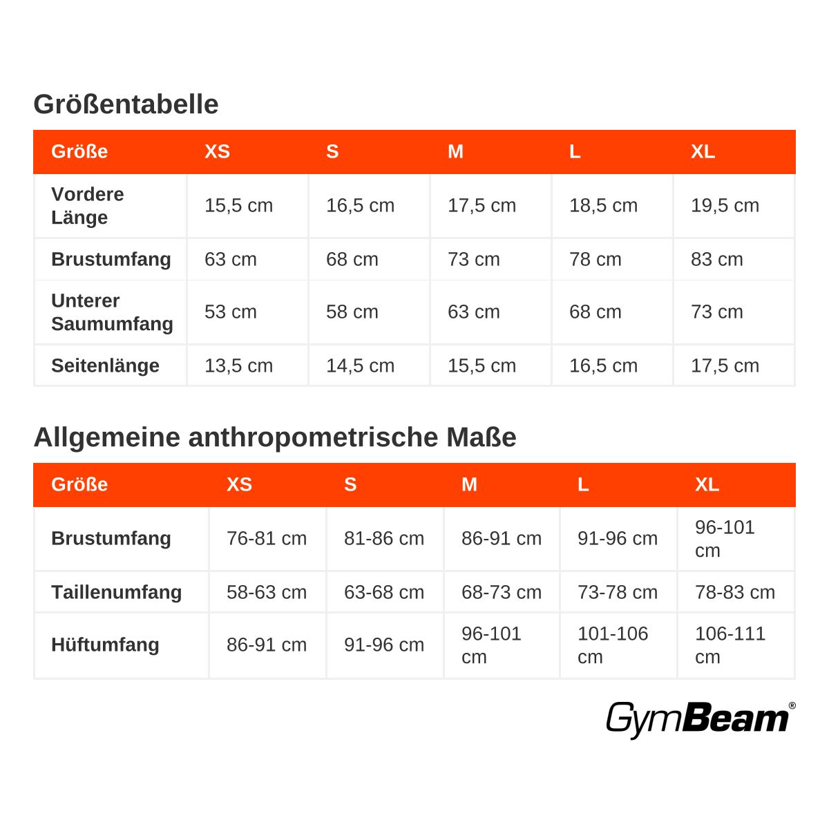 Größentabelle mit Maßen für Brustumfang, Unterarmumfang, Seitenlänge und allgemeine anthropometrische Maße.