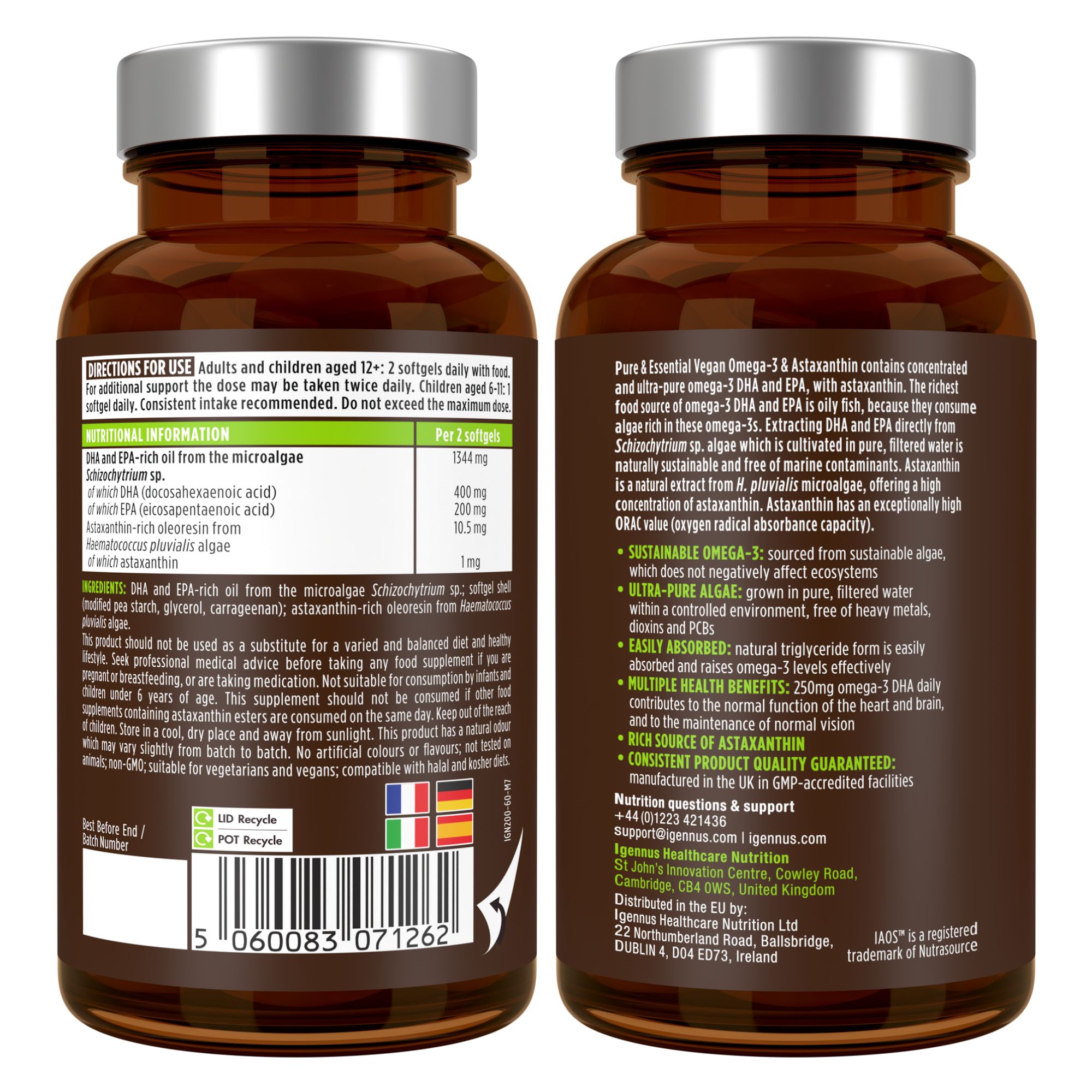 Flasche mit Omega-3-Kapseln. Enthält DHA, EPA und Astaxanthin. Hergestellt in GB.