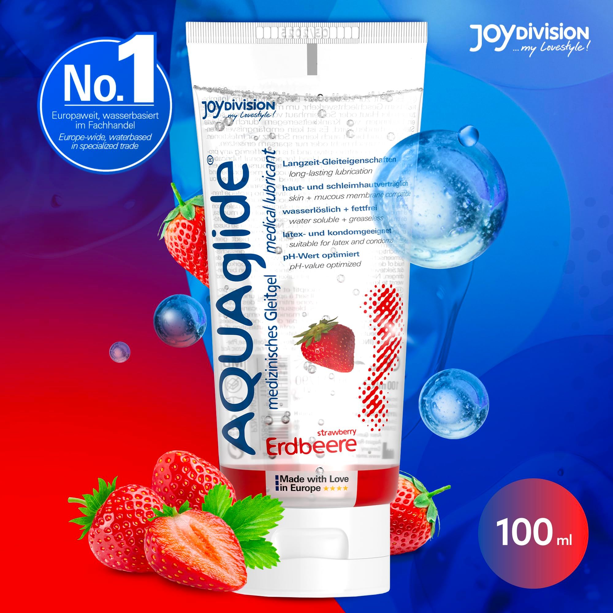AquaGlade Erdbeer Gleitgel Tube, 100ml, mit Erdbeeren und Wasserblasen.