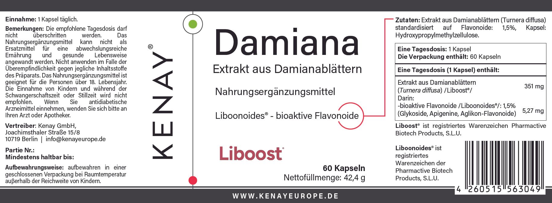 Etikett mit Produktinformationen. Text: Damiana, Extrakt aus Damianablättern, Nahrungsergänzungsmittel, Liboonoide. Marke: KENAY®. Enthält 60 Kapseln.