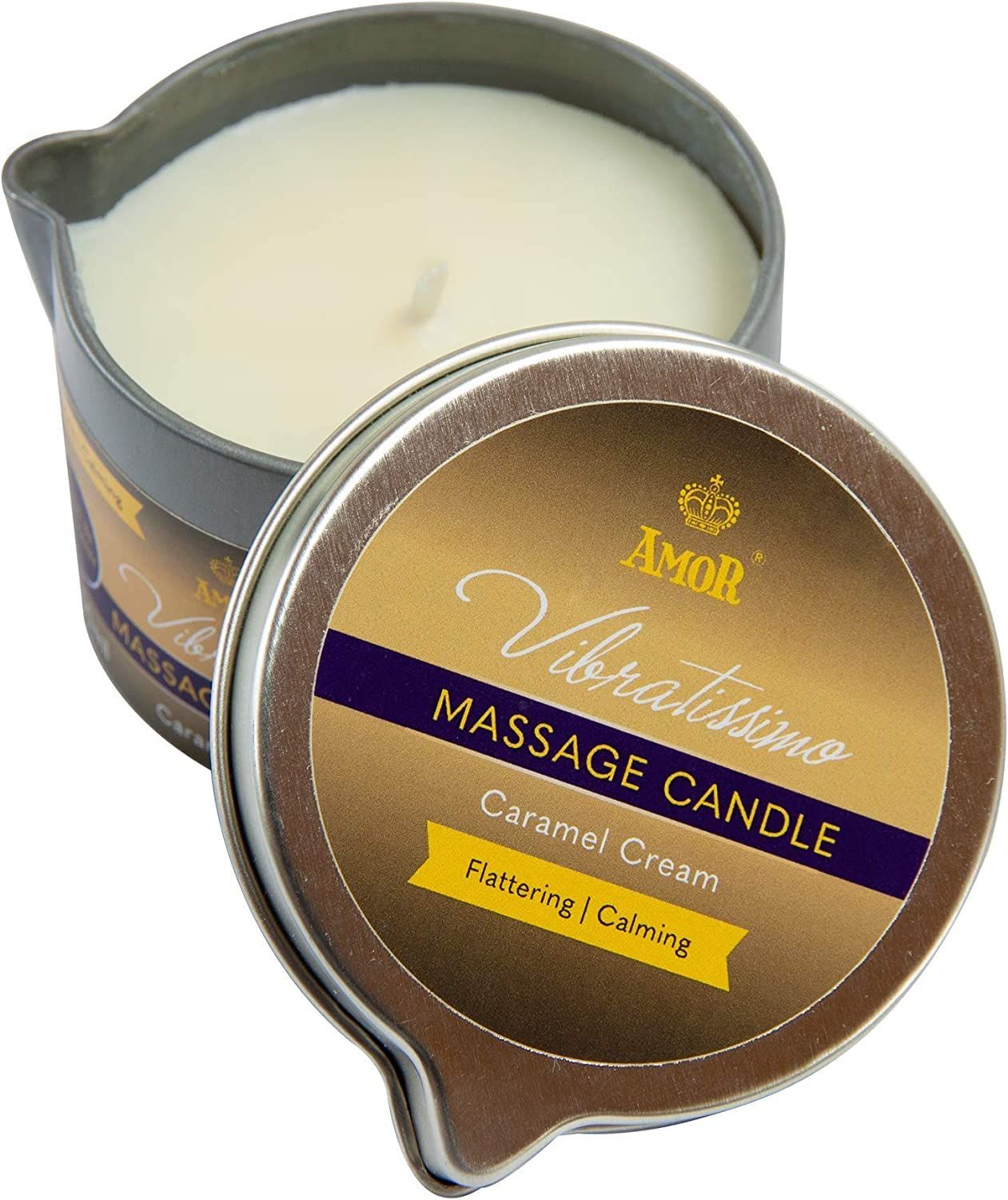 Vibratissimo Massagekerze Caramel Cream in Metalldose, Deckel geöffnet.