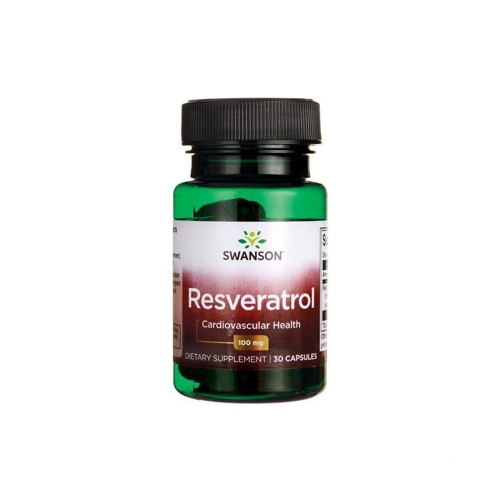 Grüne Flasche mit schwarzem Deckel. Aufschrift: SWANSON Resveratrol, 100 mg, 30 Kapseln. Nahrungsergänzungsmittel für kardiovaskuläre Gesundheit.