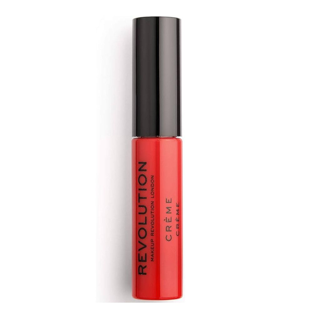Geschlossener roter Lippenstift. Marke: Makeup Revolution. Text: Crème.