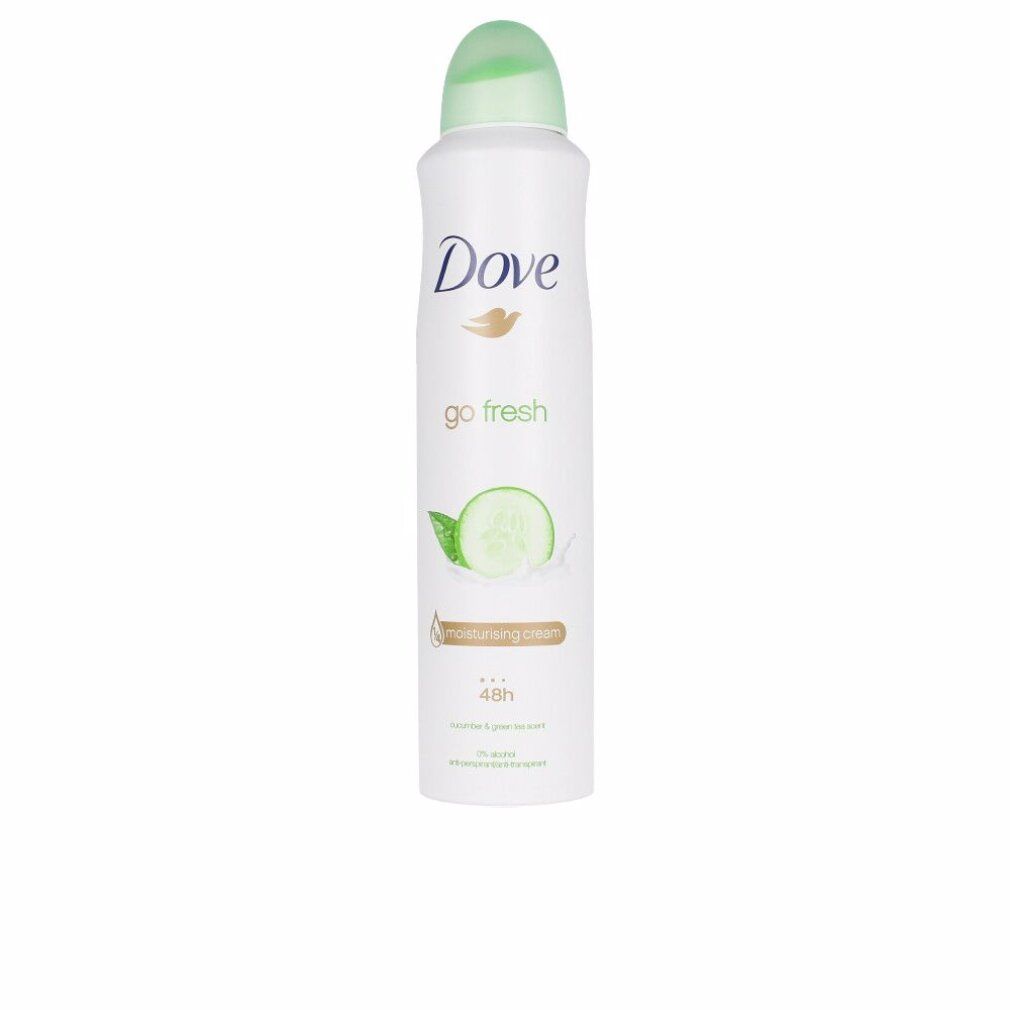 Weißes Dove Go Fresh Deodorant-Spray mit grünem Deckel. Aufschrift "go fresh" und Gurken-Abbildung. 48h Schutz.