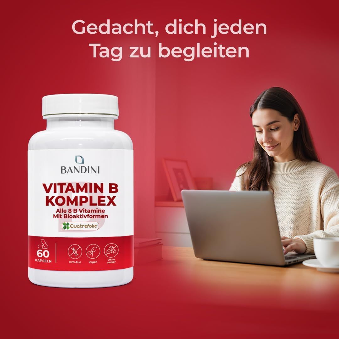 Flasche Bandini Vitamin B Komplex, 60 Kapseln. Alle 8 B-Vitamine in bioaktiven Formen. GVO-frei, vegan, ohne Zucker.