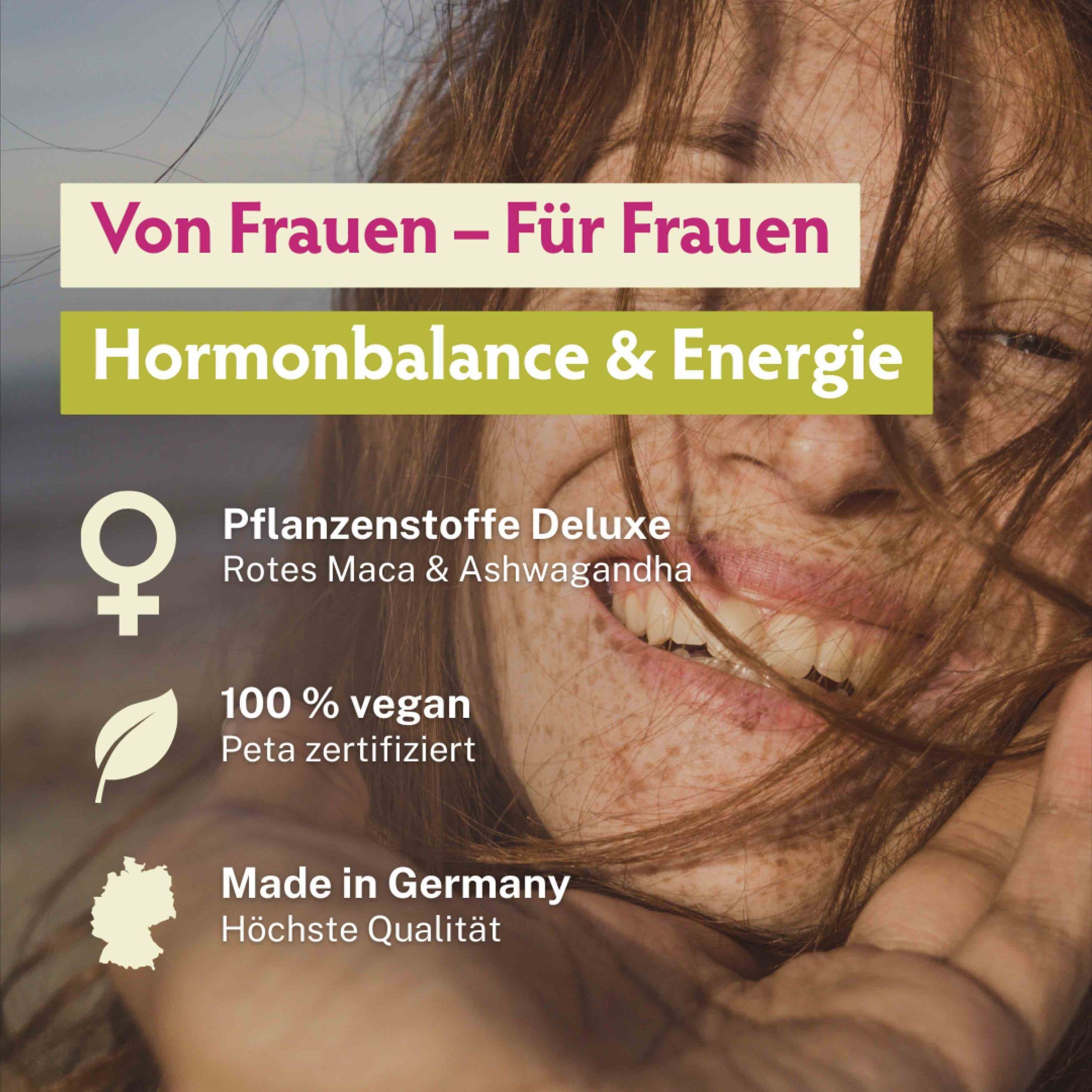 Frau lächelt. Text: Von Frauen - Für Frauen. Hormonbalance & Energie. 100% vegan, Peta zertifiziert, Made in Germany.