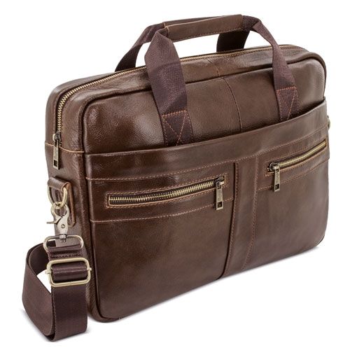 Braune Ledertasche mit Reißverschlüssen, Tragegriff und Schulterriemen. Metallbeschläge.