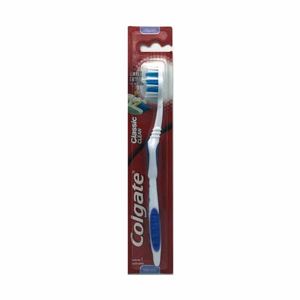 Colgate Classic Zahnbürste in Verpackung. Blauer Griff, weiße Borsten. "Classic Clean" Text. Verpackung mit Aufhängevorrichtung.