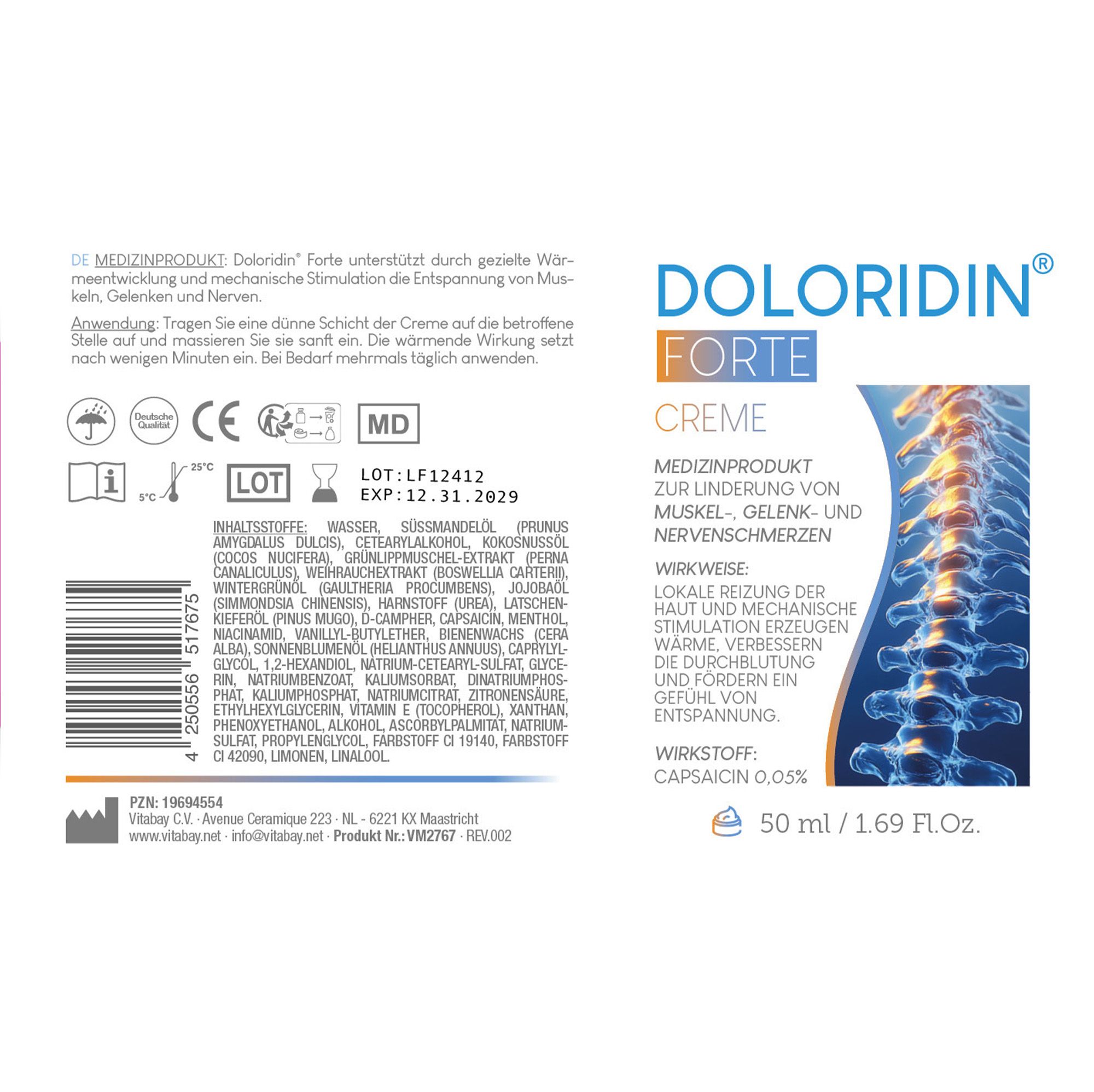Nahaufnahme einer Creme-Tube. Text: Doloridin Forte Creme, 50 ml, Wirkstoff: Capsaicin 0,05%.