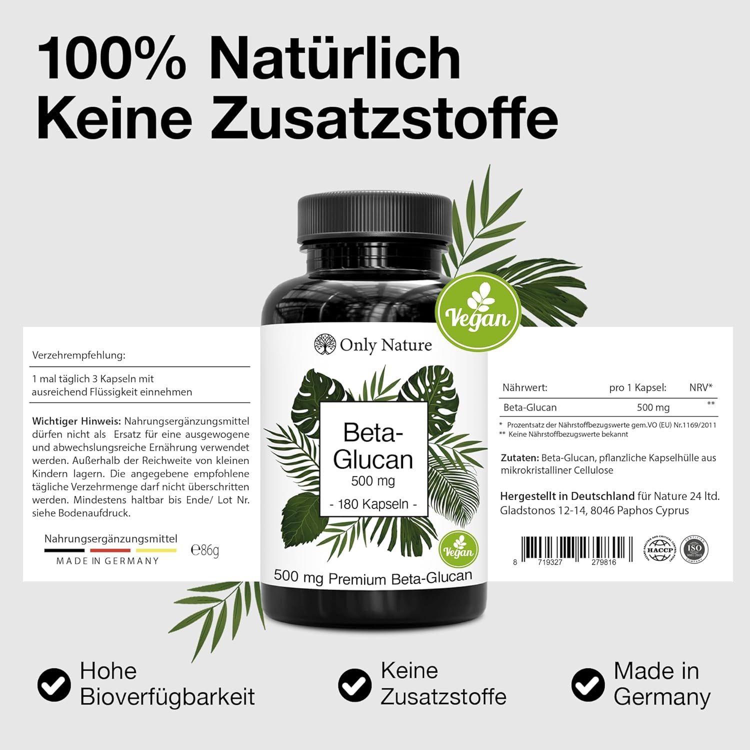 Braune Flasche mit schwarzem Deckel. Etikett mit 'Only Nature', 'Beta-Glucan', 500 mg, 180 Kapseln. Vegan-Siegel. Text und Nährwertangaben.