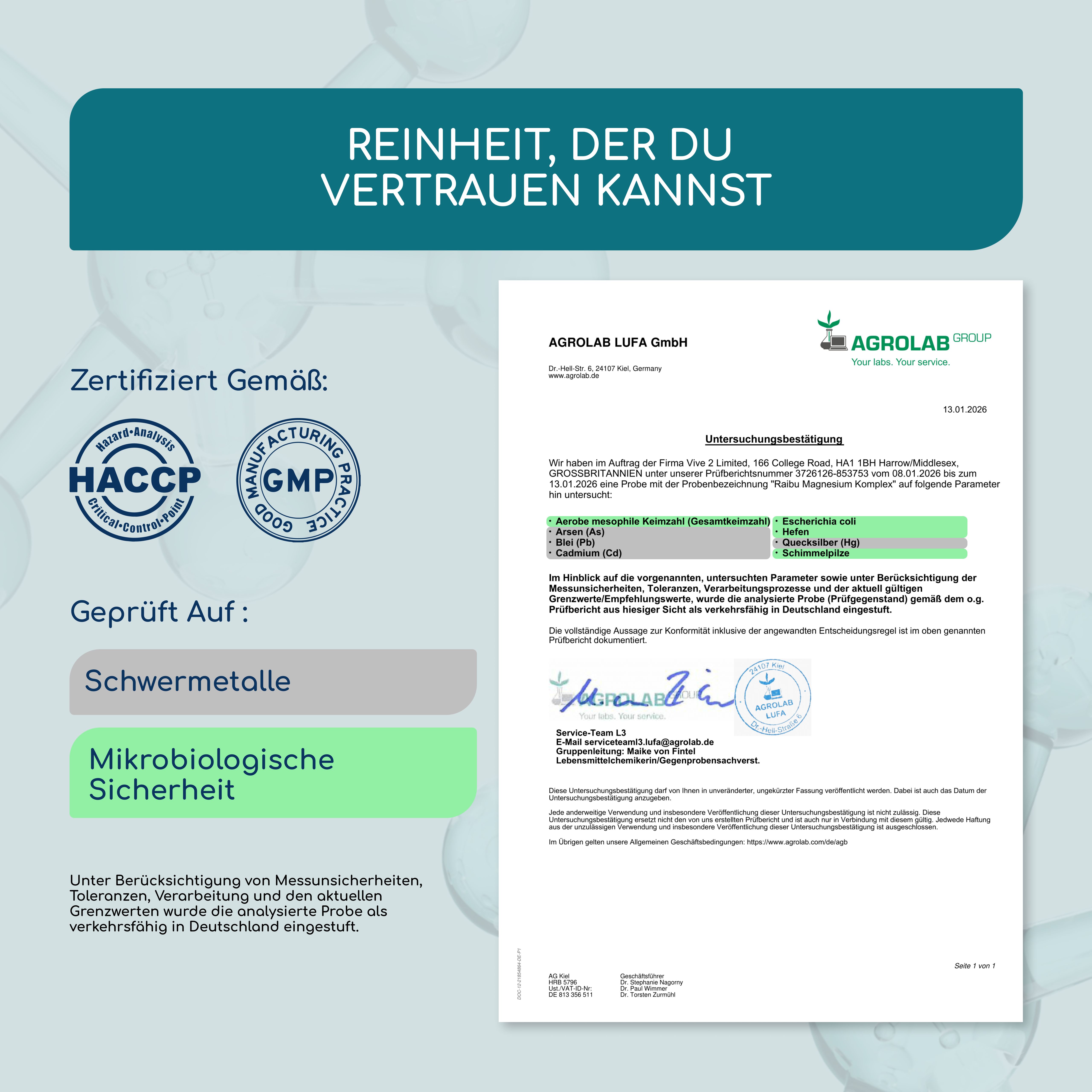 Zertifizierungsdokument. Text: Reinheit, der du vertrauen kannst. Zertifiziert gemäß HACCP, GMP. Geprüft auf Schwermetalle.