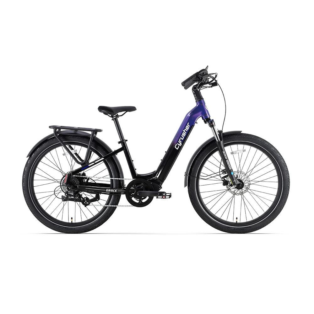 E-Bike CYRUSHER Grace, schwarz-blau, mit Gepäckträger, Schutzblechen und Scheibenbremsen. Reifen mit Profil.