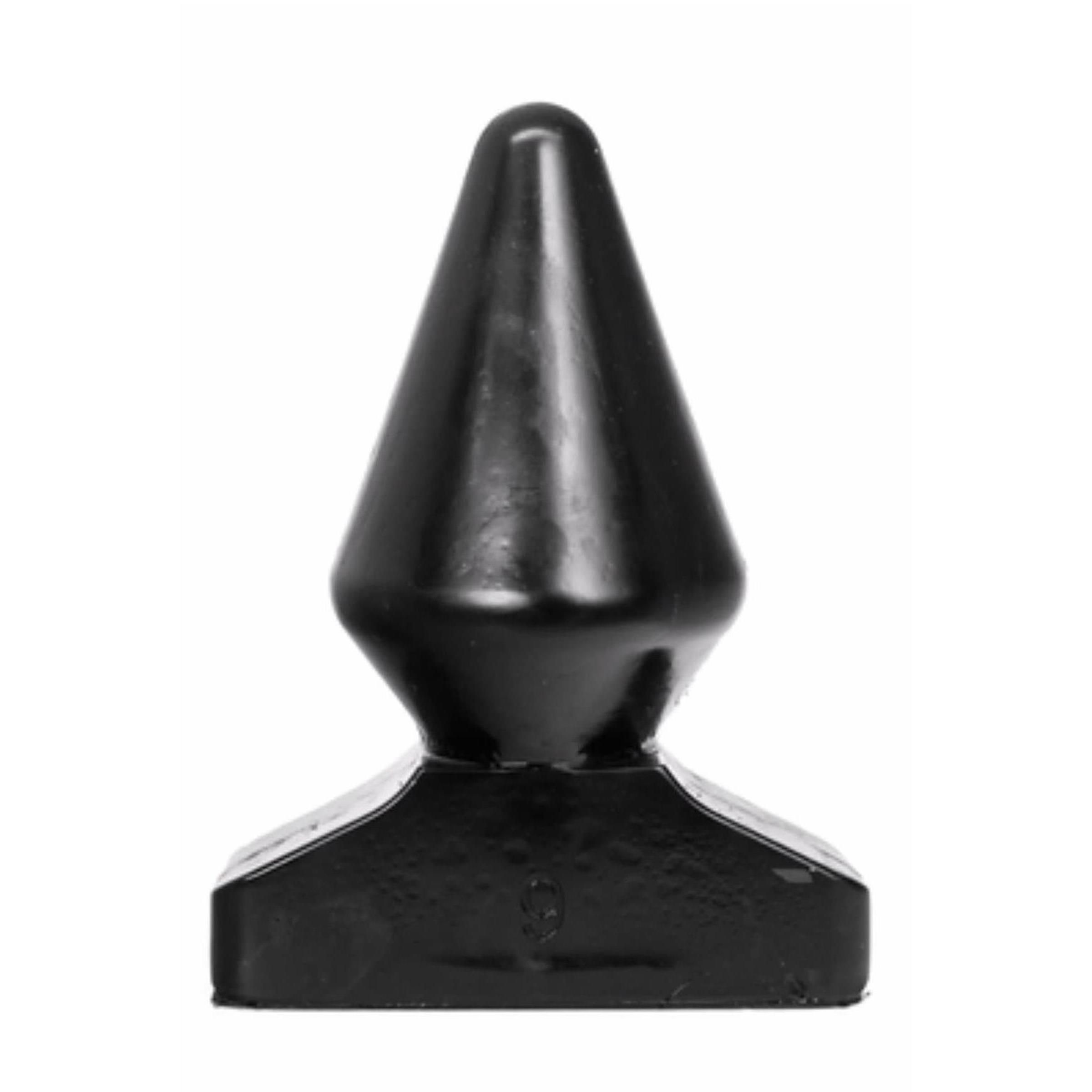 Kegelförmiger Analplug, schwarz. Basis rechteckig, Spitze konisch. Glatte Oberfläche.