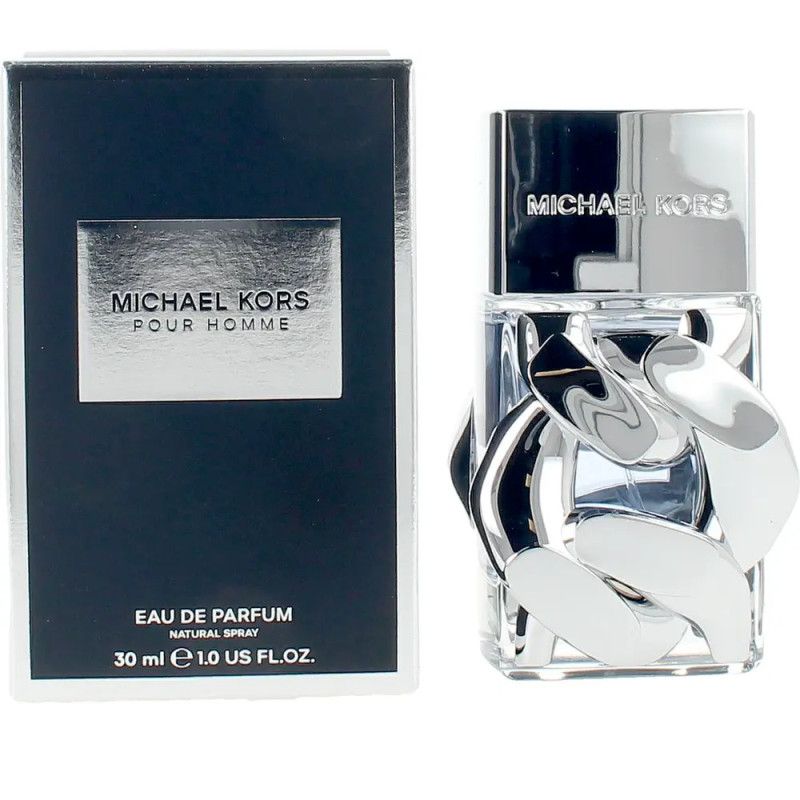 Michael Kors Pour Homme Parfümflakon und Box. Der Flakon hat eine silberne Kette.