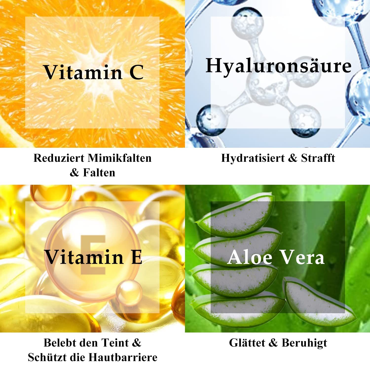 Grafik mit Vitamin C, Hyaluronsäure, Vitamin E und Aloe Vera. Texte beschreiben die Vorteile für die Haut.