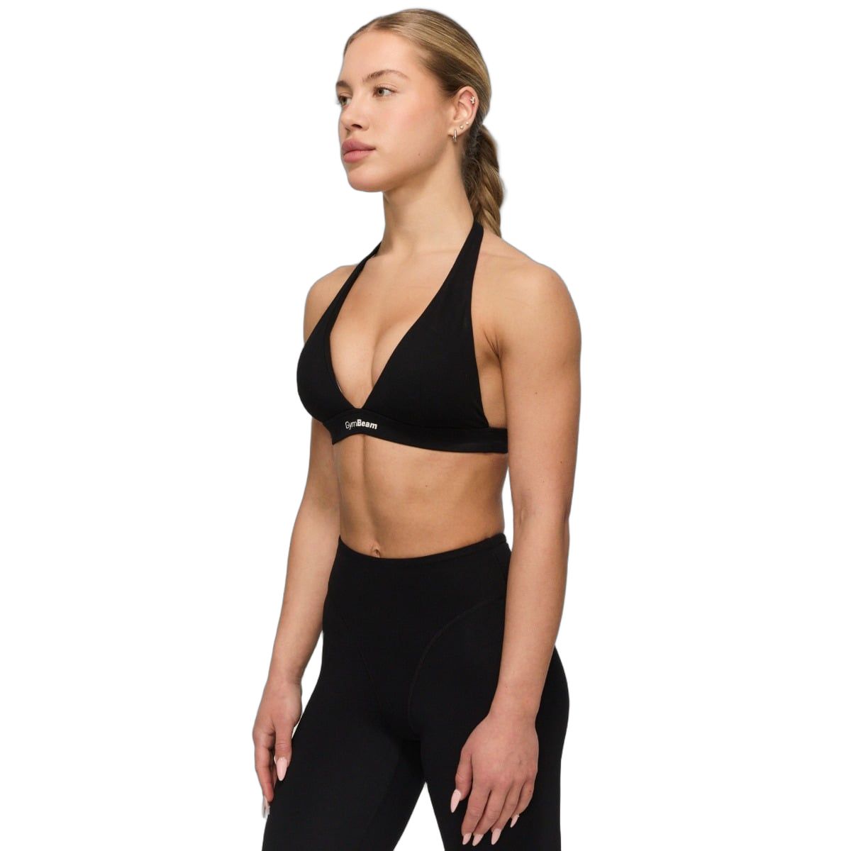Seitenansicht eines schwarzen Sport-BHs mit Neckholder-Trägern und GymBeam-Logo.
