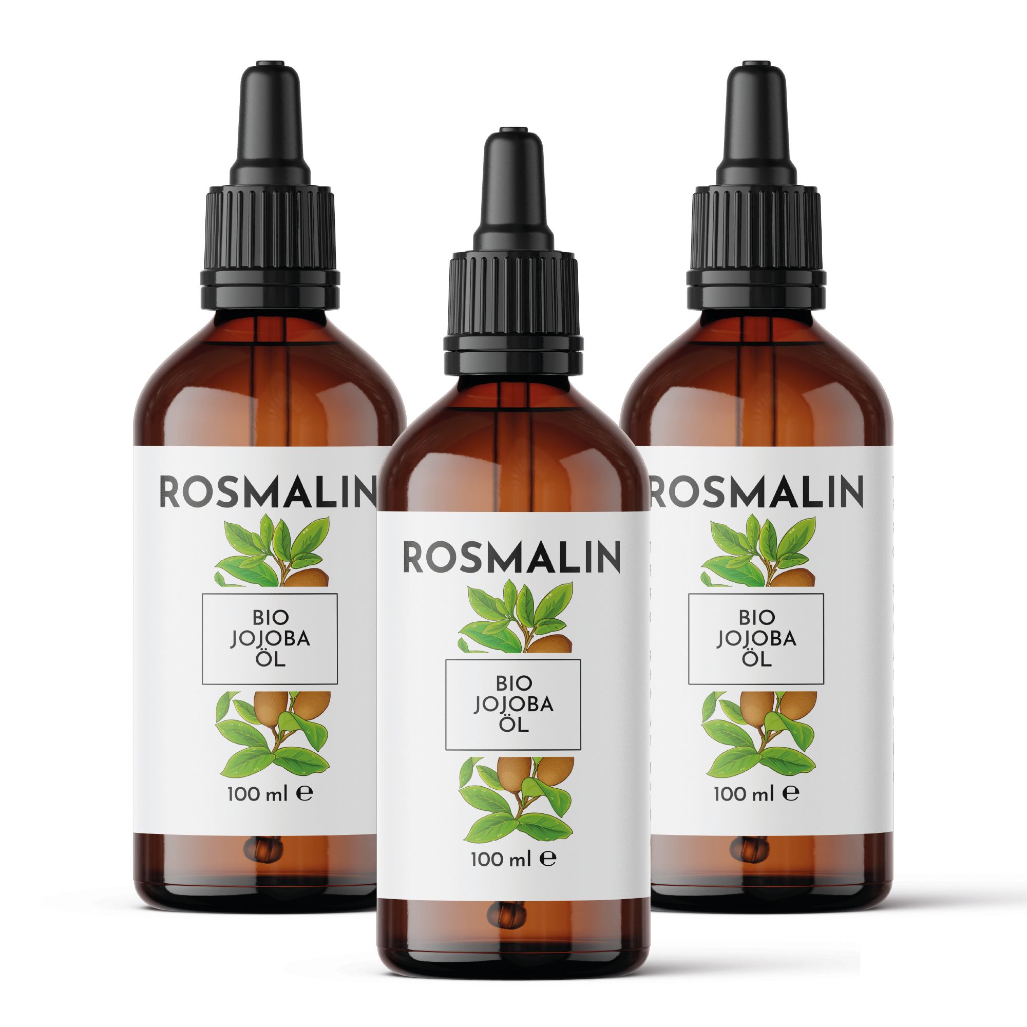 Drei Flaschen Rosmalin Bio Jojoba Öl mit Pipette. Aufschrift: Rosmalin, Bio Jojoba Öl.
