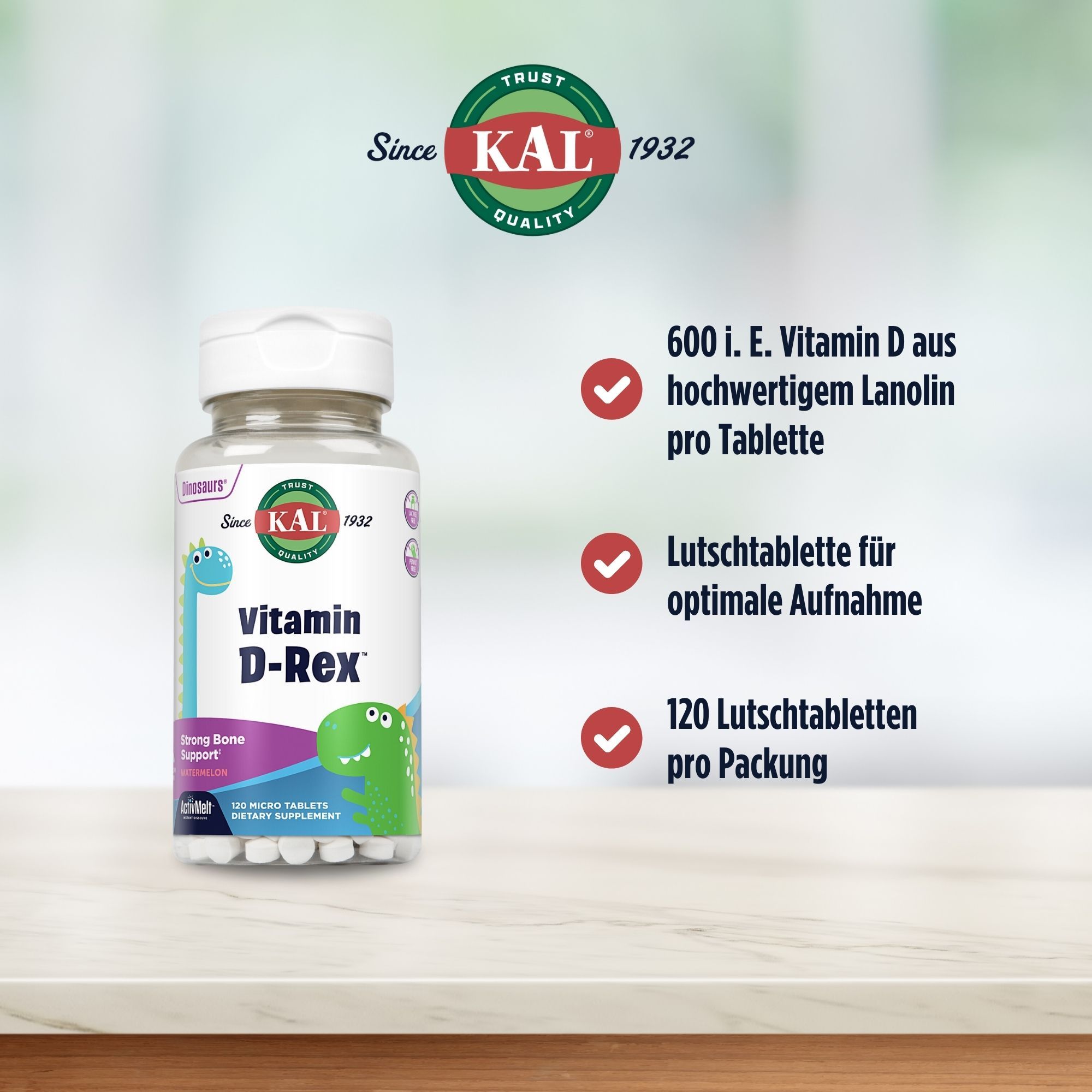 KAL Vitamin D-Rex D3 600 i.E. ActivMelt. Flasche mit Tabletten. Text: 600 i.E. Vitamin D, Lutschtablette für optimale Aufnahme, 120 Tabletten pro Packung.
