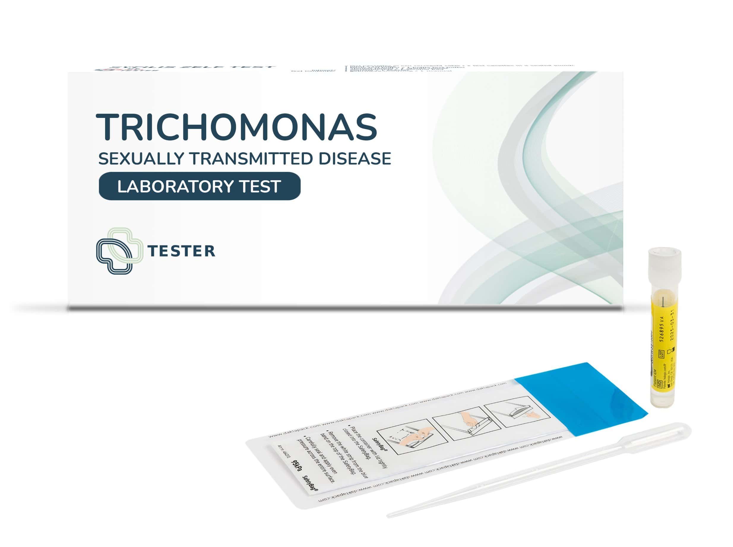 Trichomonaden-Testkit mit Verpackung, Teststreifen, Pipette und Probenröhrchen.