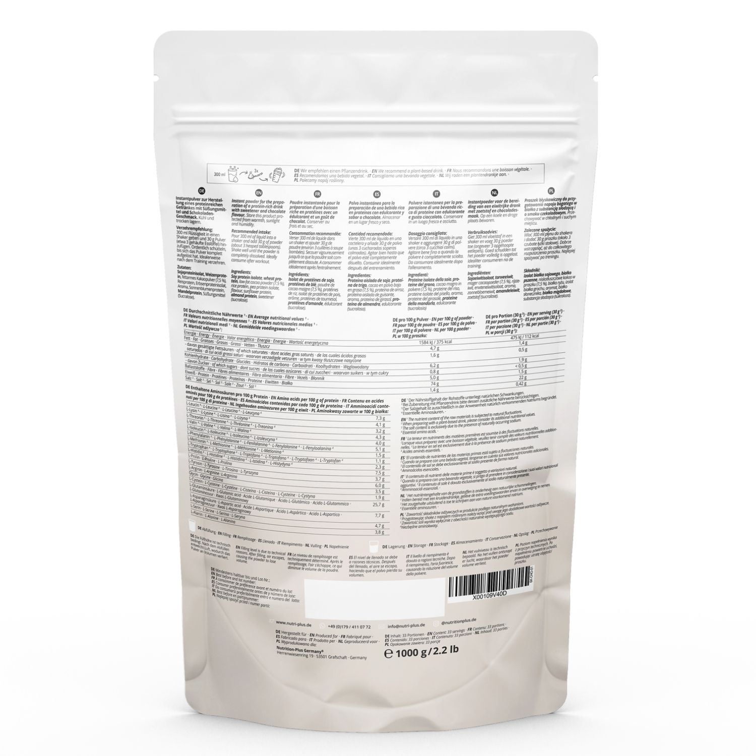 Beutel mit Protein-Pulver, Rückseite. Text: Nährwertangaben, Zutatenliste, EAN-Code, 1000 g/2.2 lb.