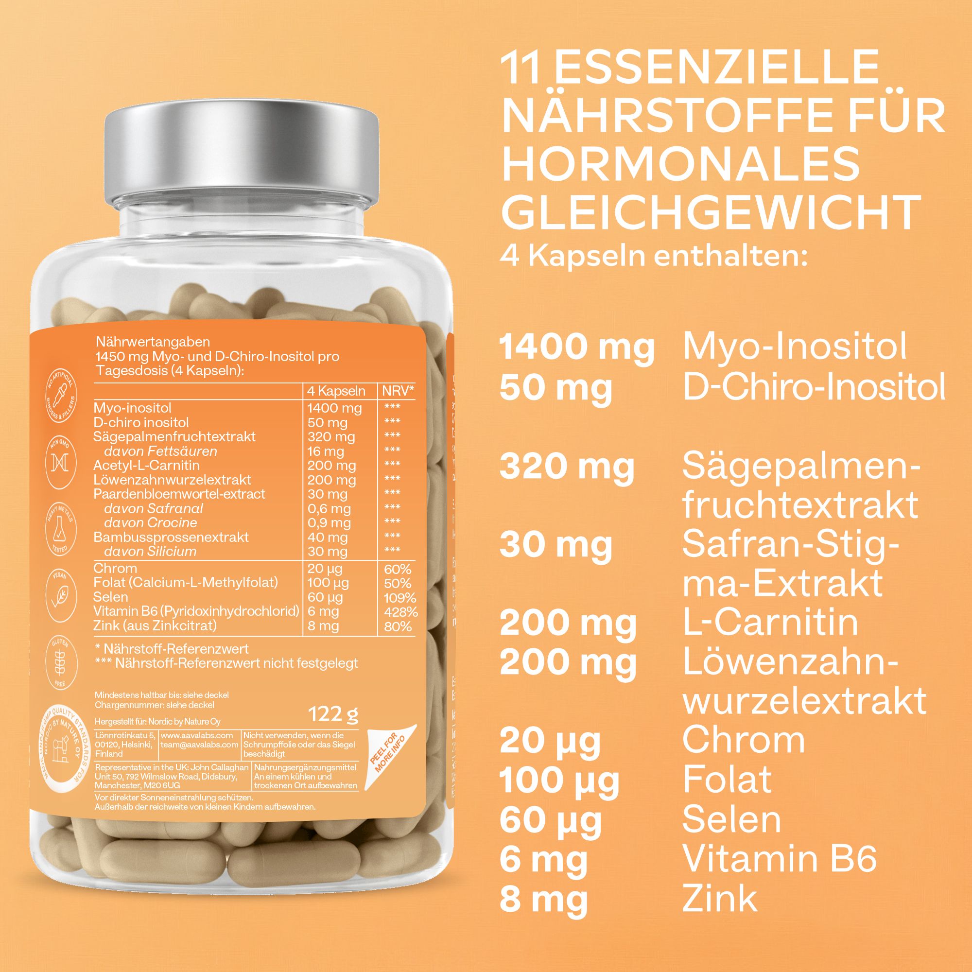 Rückseite der Flasche mit Nährwertangaben. Enthält 122 g. 11 essentielle Nährstoffe für hormonelles Gleichgewicht.
