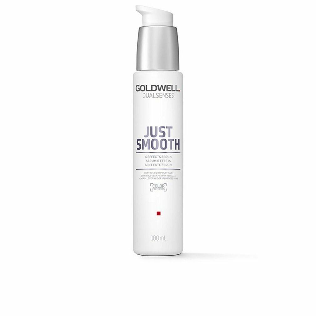 Weißer Flakon mit silbernem Pumpkopf. Aufschrift: Goldwell Dualsenses Just Smooth. Produktname und Logo.