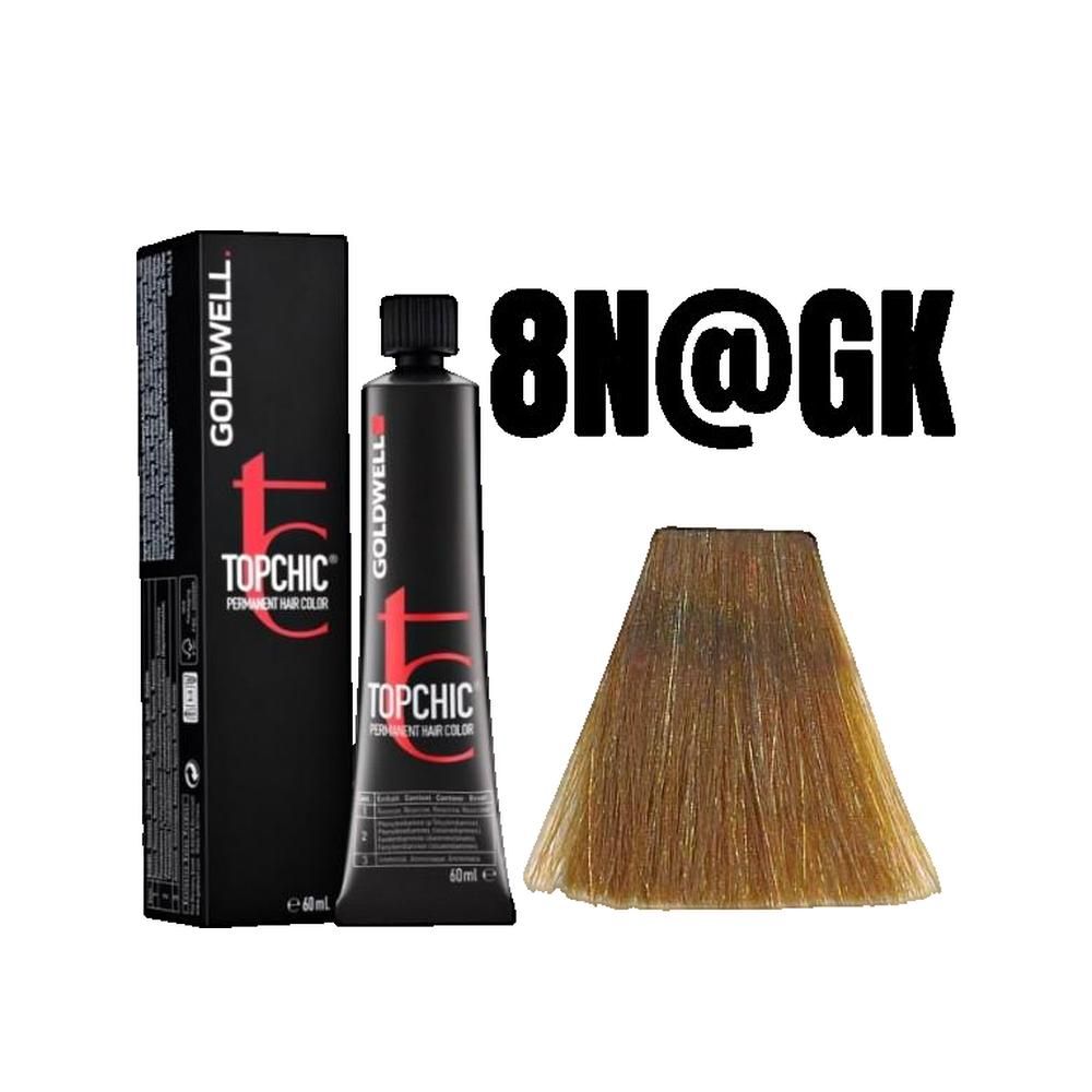 Goldwell Topchic Haarfarbe, Tube und Verpackung. Farbsträhne daneben. Aufschrift '8N@GK'.