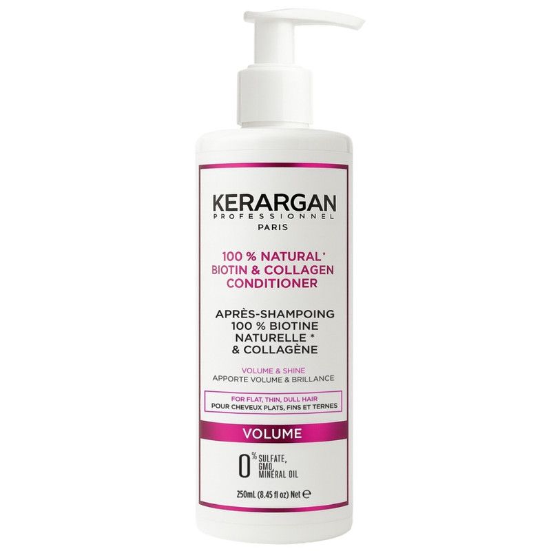Weiße Flasche mit Pumpe. Aufschrift: Kerargan, Volumen-Conditioner mit Biotin & Kollagen. Für feines, dünnes Haar.