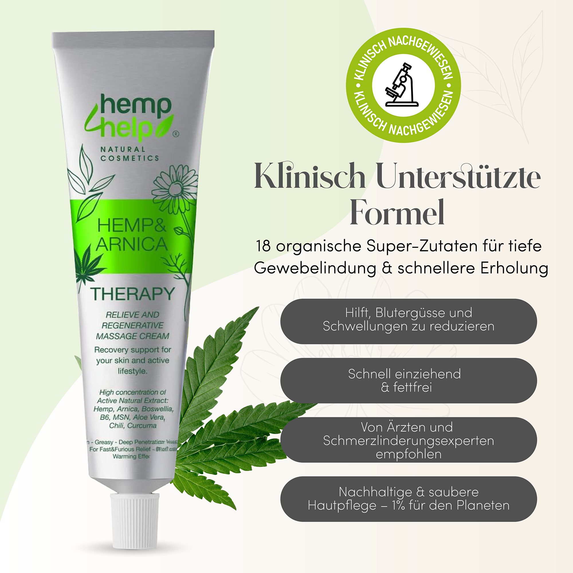 Creme-Tube. Marke: hemp help. Text: Hemp & Arnica Therapy. Klinisch unterstützte Formel. Hanfblatt. Klinisch nachgewiesen.