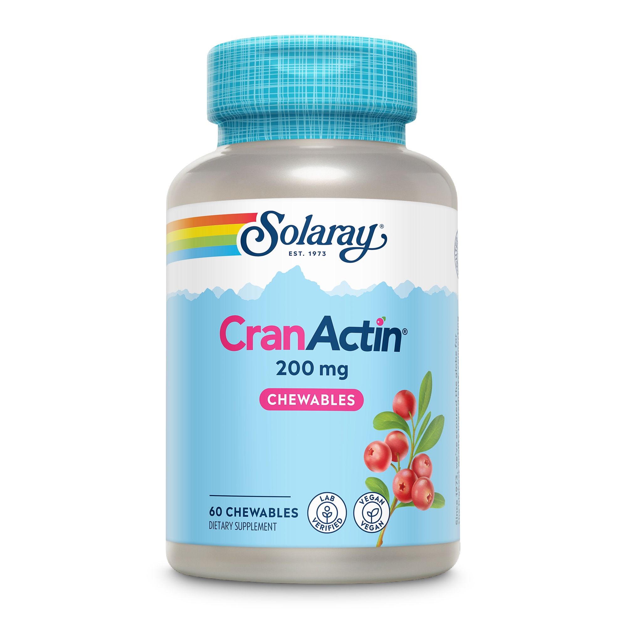 Solaray CranActin Chewables-Dose. Aufschrift: 200 mg, CranActin, 60 Kautabletten. Vegan- und Lab-zertifiziert.